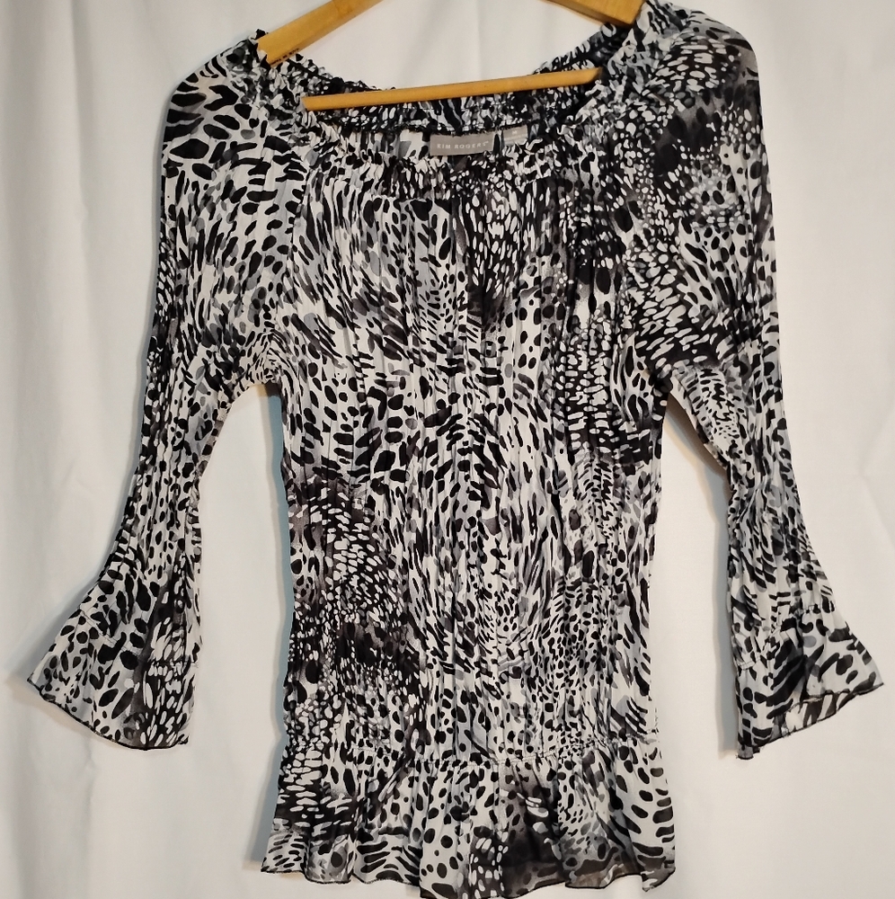 Kim Rogers Black And White Bell Sleeve Blouse